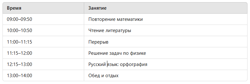 образец расписания